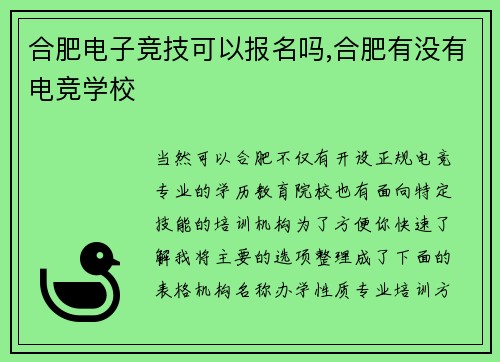 合肥电子竞技可以报名吗,合肥有没有电竞学校